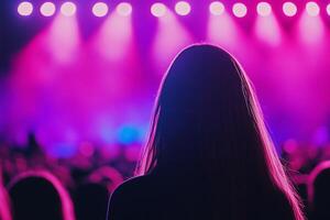 A woman is standing in front of a crowd of people photo