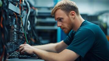 A man working on a computer in a server room photo