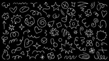 Animated Set of Scribbles, Stickers and Doodles on Black Background, in Hand Drawn Style. Cute Moving Drawings, Monoline Design Elements for Videos, 4K Animation Loop video