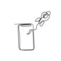 a drawing of a phone with a rocket launch on it vector