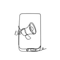 continuous line drawing of a smartphone with a megaphone vector