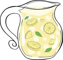 Lemonade in a transparent jug graphic line ink composition. lemons slices with leaves and ice illustration. isolated on a white background. vector