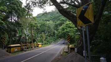 A road with a sign that says no turn photo