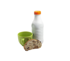 Simple breakfast with milk bottle, green cup and slice of bread with raisins, isolated on transparent background png