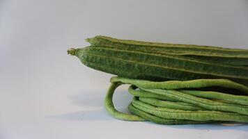 A pile of green beans on a white surface photo