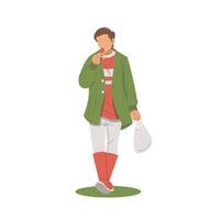 Printportrait of man walking while eating ice cream while carrying a plastic bag flat design vector