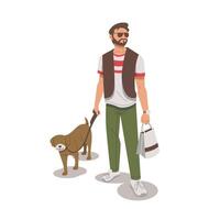 portrait of man shopping while walking his dog flat design vector