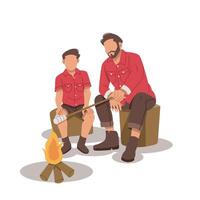 portrait of a man and boy roasting marshmallows by a campfire flat design vector