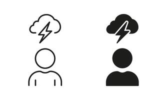 Thunder Storm with Cloud and Lightning. Creativity Think, Strategy Solution Symbol. Man Brainstorming Line and Silhouette Icon Set. Editable Stroke. Isolated Illustration vector