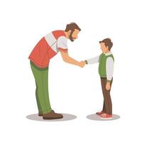 portrait of man bends down shaking hands with boy flat design vector