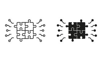 Digital Square Jigsaw Line and Silhouette Icon Set. Puzzle Challenge, Teamwork, Logic Game, Idea Sign. Combination Solution, Pieces Match Icon. Editable Stroke. Isolated Illustration vector