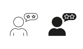 User Feedback Pictogram. Best Quality Service Sign. Customer Review Line and Silhouette Icon Set. Consumer Rating. Person With Stars Symbol. Editable Stroke. Isolated Illustration vector
