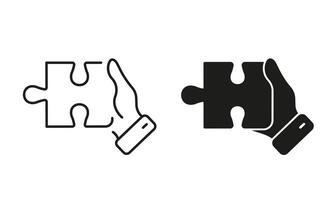 Jigsaw Piece in Human Hand Icon. Successful Teamwork, Cooperation, Togetherness Pictogram. Puzzle Match, Problem Solving Sign. Editable Stroke. Isolated Illustration vector