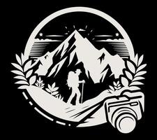 A logo with a man and a camera in the mountains vector