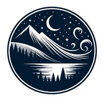 Mountains and lake with stars and moon in a circle vector