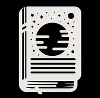 A black and white illustration of a book with a planet in the background vector
