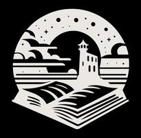 An open book with a lighthouse in the background vector