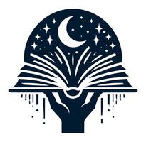 A hand holding an open book with a moon and stars vector
