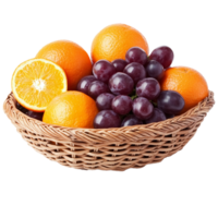 Fruit in wicker basket oranges and grapes png