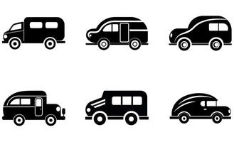 Collection of black and white silhouette icons representing different types of vehicles. vector