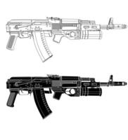 Black and white illustration of assault rifle with folding stock and grenade launcher vector