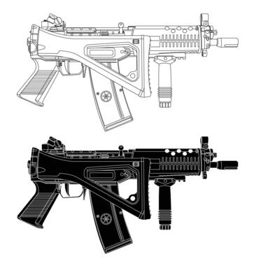 Black and white illustration of submachine gun