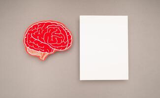A blank white paper and a brain shape symbol on a gray background photo