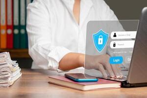 Access the system with login by username and password on the virtual screen. Close-up. photo