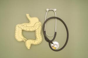 A large intestine symbol and a stethoscope on a green background photo