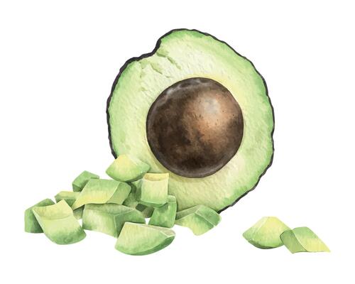 Cut-open Hass Avocado fruits with seed, pile diced slices. Isolated hand drawn watercolor food illustration of vegan Vegetables for menu,packaging of food, cosmetics, stationery, cards, recipe