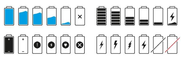 Battery Charge Levels And Status Icons Pixelated Icon Set. Pixel Art Symbol Collection Of Energy Battery Indicators And Charging Signs. Isolated Illustration vector