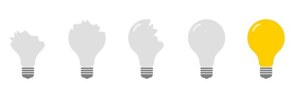 Shattered To Whole Light Bulb Evolution Icon Set. Broken And Fixed Bulbs Symbol Collection. Isolated Illustration vector