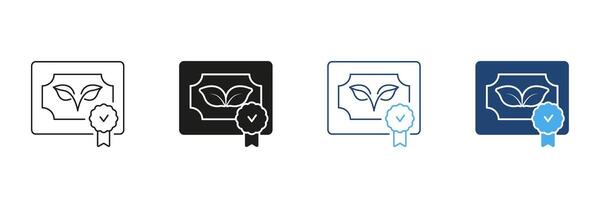 Certificate With Leaf And Checkmark Line and Silhouette Icon Set. Environmental Or Organic Certification Standards. Eco-Friendly Accreditation. Editable Stroke. Isolated Illustration vector