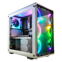 A white computer case with colorful lights png