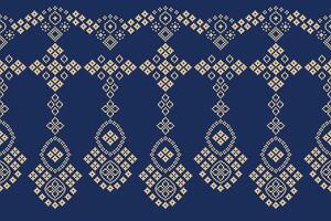 Cross stitch with blue color background fabric pattern motif pixel art ethnic. vector