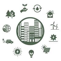 Energy sources for a clean city. Green flat set of icons related to renewable energy sources. vector