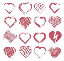 Set of red hearts. Drawn heart shape for design. vector