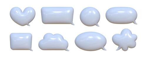 Inflated 3D speech bubbles with a reflective texture displayed against a neutral background, showcasing various shapes and sizes ideal for creative communication designs vector