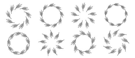 Set of round garland with twigs and leaves. Black and white linear illustration. Floral wreath with empty space for text. Contour drawing plant elements in circle. vector
