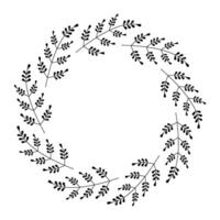 Floral wreath with twigs and leaves. Black and white illustration. Design for greeting card, poster, banner and logo with empty space for text. vector