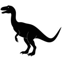 A striking, black silhouette of a dinosaur, likely a velociraptor or similar theropod, set against a pure white background. vector