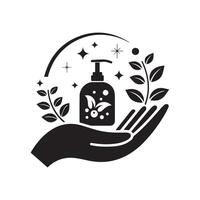 Hand holding bottle of soap and leaves with stars vector