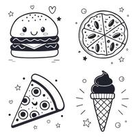 Four different types of food icons, including pizza, hamburger, ice cream and more vector