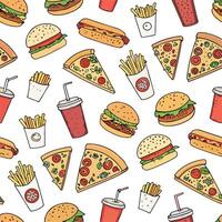Fast food seamless pattern with hamburger, fries and soda vector