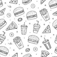 Fast food seamless pattern with hamburger, fries and soda vector