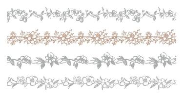 Hand-drawn vintage seamless floral borders featuring intricate botanical garlands, delicate blossoms, and ornamental vines in an elegant sketch style for decorative design, invitations, and textile vector