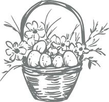 Hand drawn Easter basket filled with eggs flowers black white vintage engraving sketch spring holiday decoration retro detailed monochrome traditional artistic delicate festive art vector