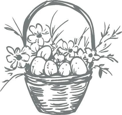 Hand drawn Easter basket filled with eggs flowers black white vintage engraving sketch spring holiday decoration retro detailed monochrome traditional artistic delicate festive art