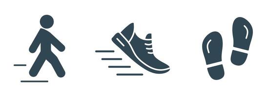 Walking and Running Solid Icon Set. Illustrations of Walking Person, Running Shoe, and Footsteps icons vector