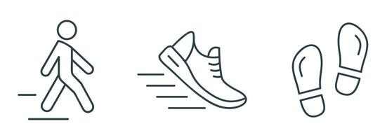 Walking and Running Line Icon Set. Illustrations of Person, Shoe, and Footprints icons vector